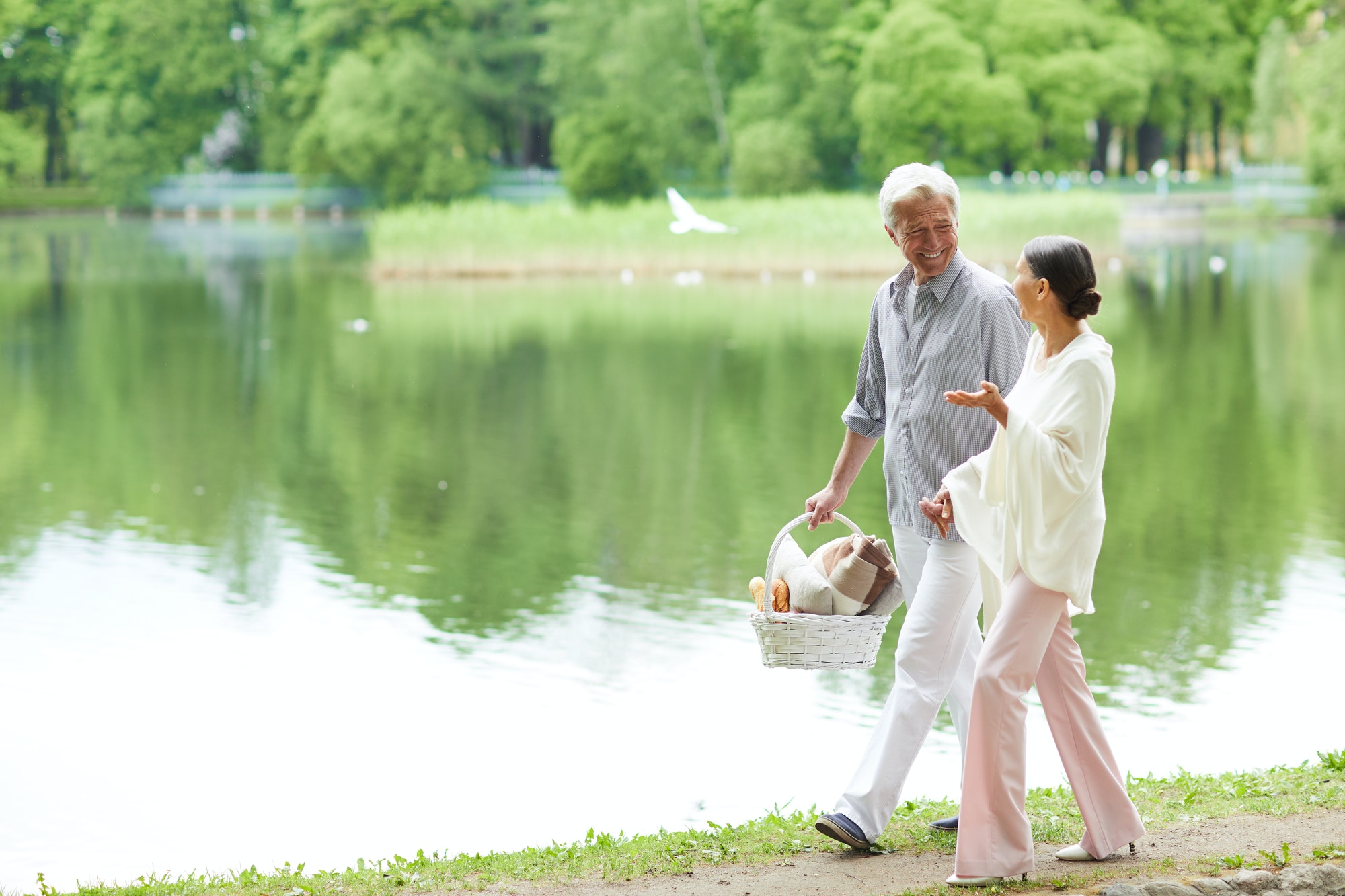 Senior couple in Springfield Vancouver enjoying a walk about the lake while discussing their medicare options.